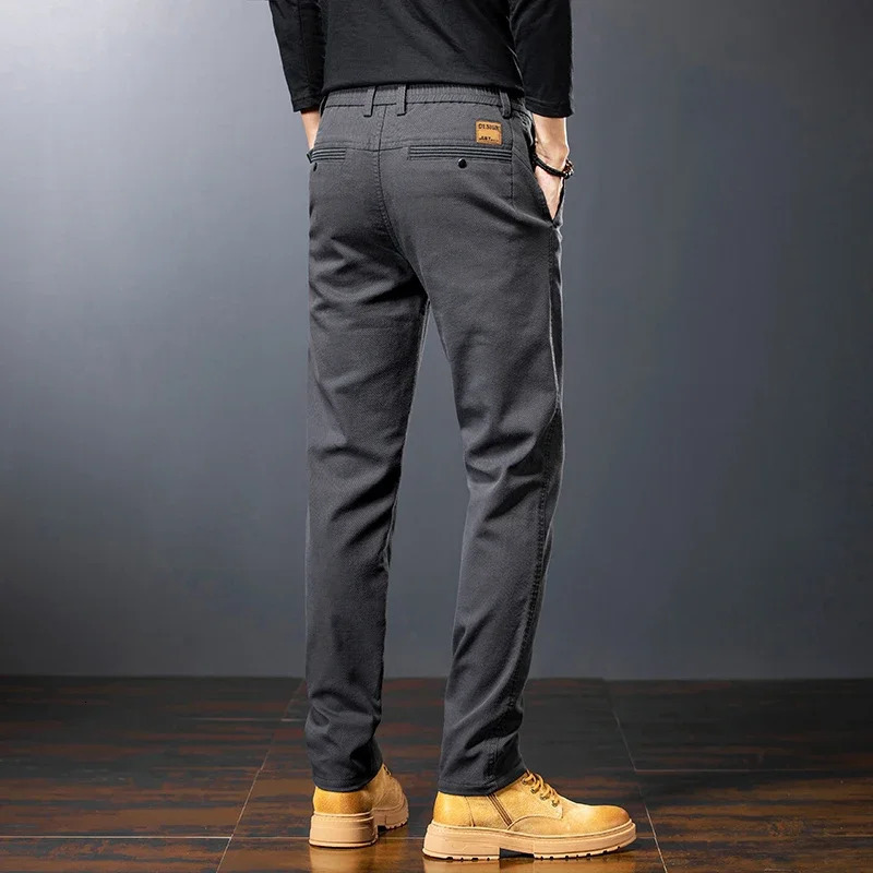 Mens Twill Slim Pants Business Straight Cotton Casual Trousers Fashion Korean Elastic Coffee Black Gray 250311