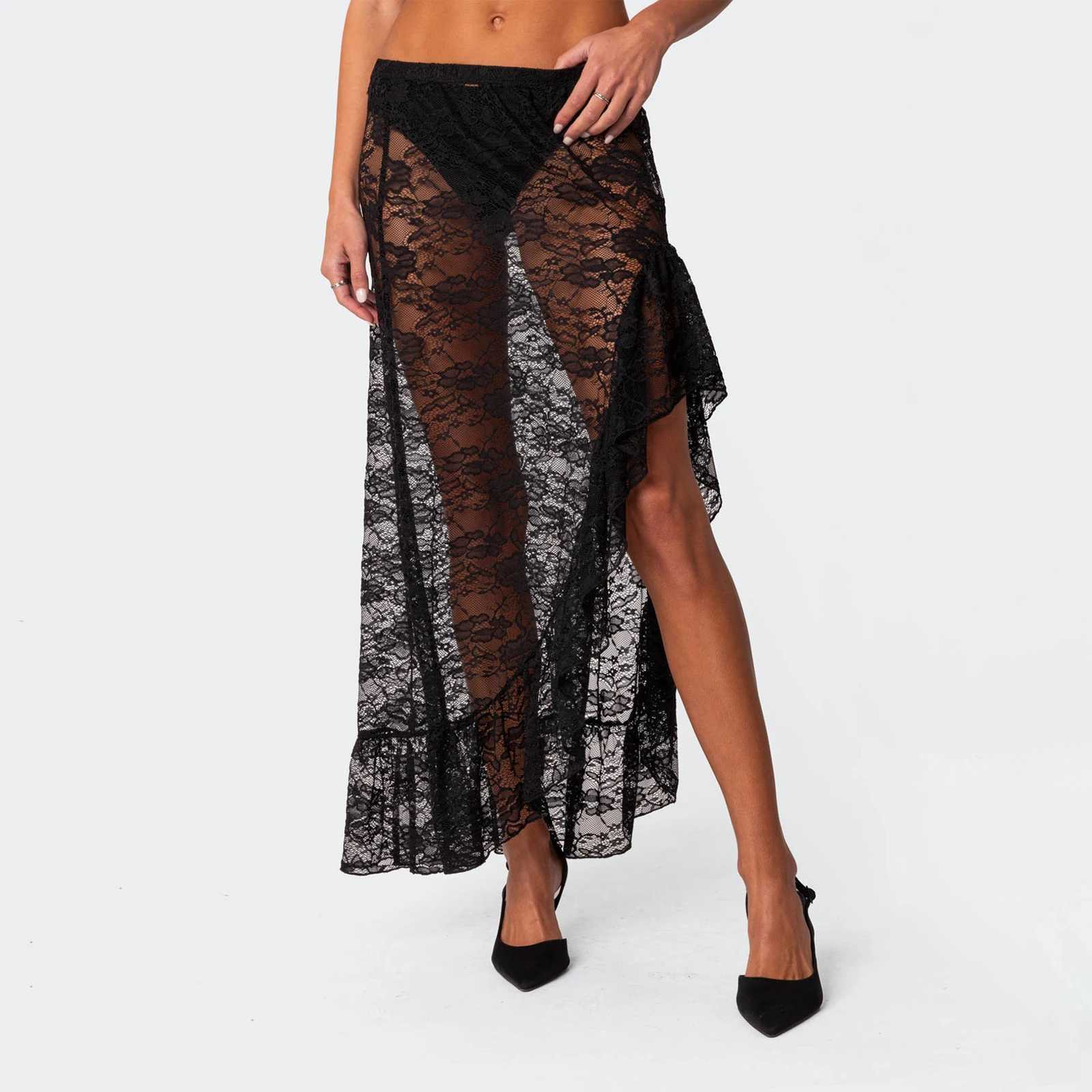 Skirts Vintage high waisted asymmetrical hem ruffled Midi ski board Flowy ski board womens summer solid color lace long ski Y250314QZZI