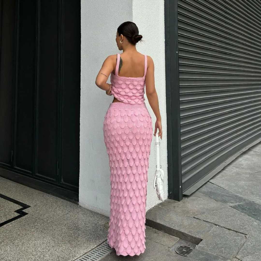 Two Piece Dress DRC Female Attractive Suits Solid Ruched Crop Camisoles+Matching Long Skirts Knit 2 Piece Set Woman Casual High Strt Outfit Y250315BHL