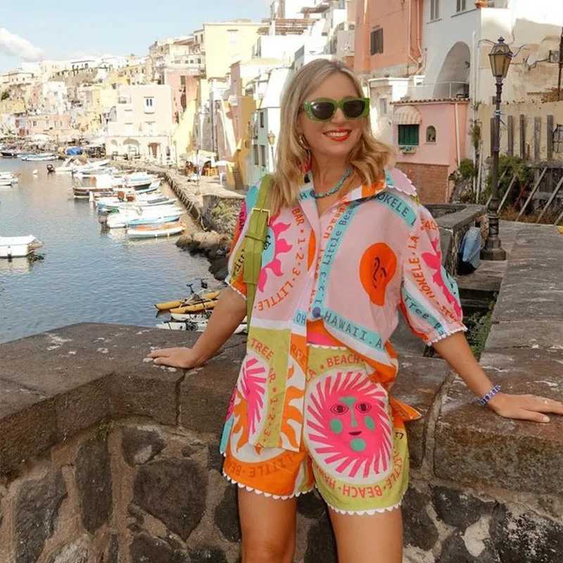 Women's Two Piece Pants Bohemian womens summer shorts set daily beach sun print shorts Slve button up shirt top elastic waist shorts 2-piece loun