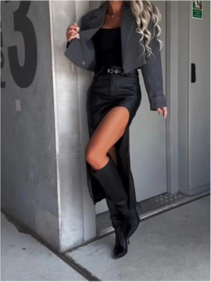 Womens Mid Pu Leather skirt solid Color slit sexy Hip Hugging High Street Party Fashion Punk Style Autumn Skirt 250312