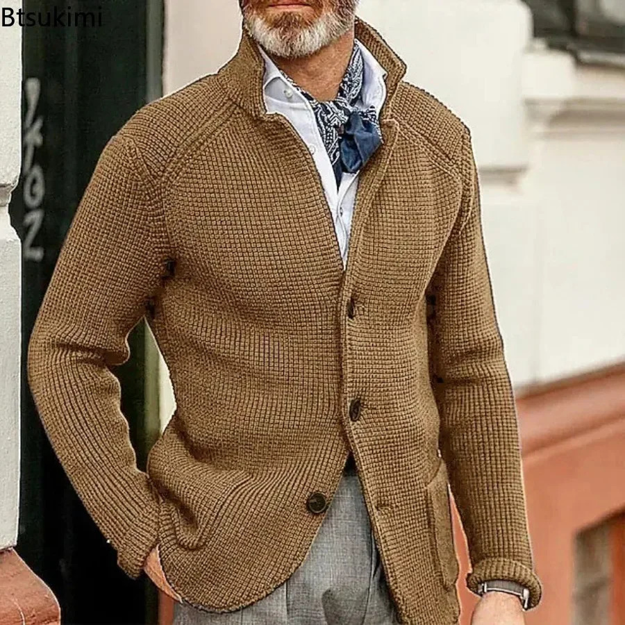 2025 mens knitted long sleeved sweater fashionable and casual solid button cardigan thick warm coat 250311