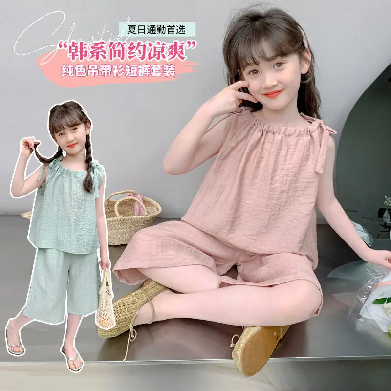 Summer 2025 childrens clothing girls lace Tshirts vests tops corsets and shorts youth casual 3 8 10 12 years 250312