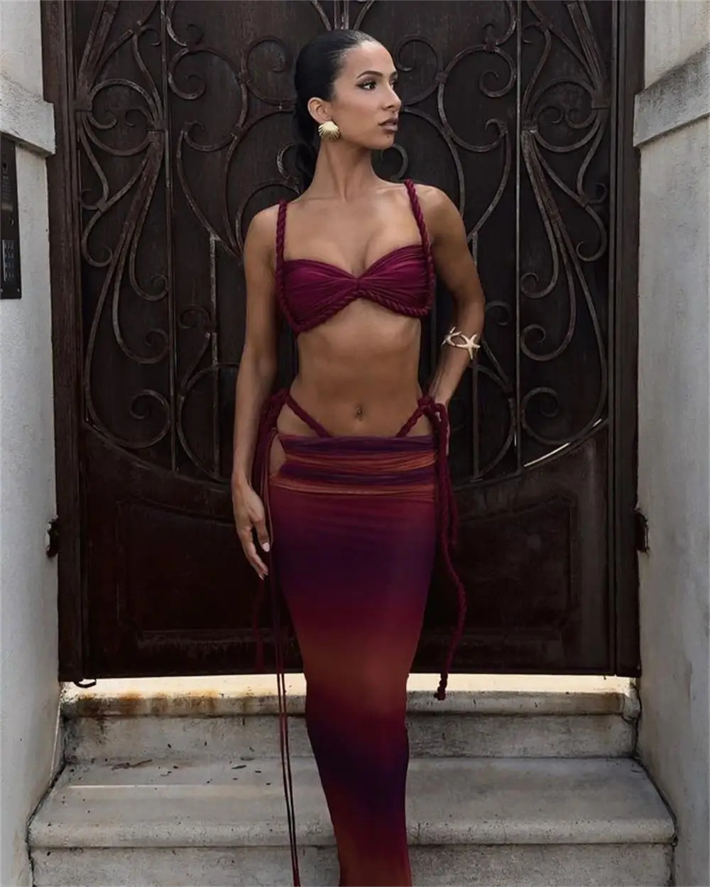 2025 High-quality 3 Pieces Bikinis Sets Sexy Push Up Backless Womens Swimsuit Gradient Cover-ups High-end Niche Beach Wear 250314