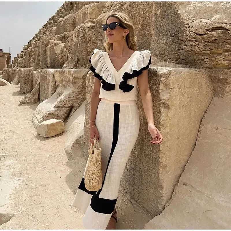 Two Piece Dress Elegant Contrasting High Waist Midi Skirt Suit Women Patchwork V Neck Backl Ruffles Crop Top 2 Pieces Set Summer Lady Outfits Y250315W