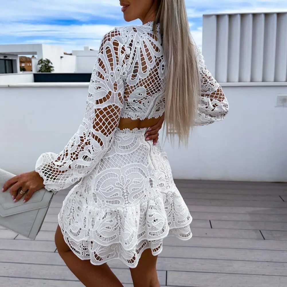 Two Piece Dress Lantern Slves lace crop top 2-piece set sexy ultra-thin summer high waisted dress S-through pleated mini shirt bra top 90 Y250315RJ1B