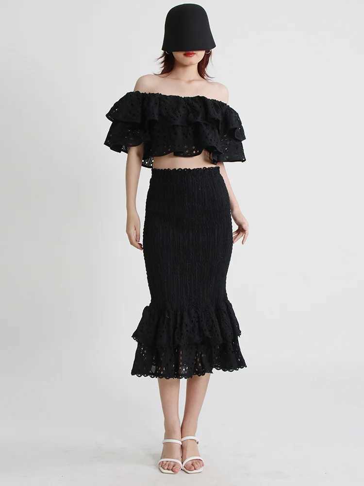 Two Piece Dress TWOTWINSTYLE Two Piece Set For Womens Slash Collar Short Slve Hollow Out Top High Waist Bodycon Skirt Elegant Sets Female New Y250315S