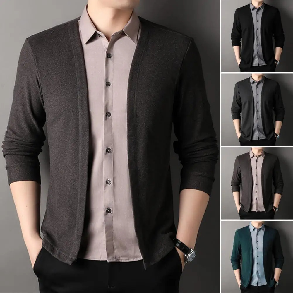 Mens Cardigan Sweater Twopiece Turndown Collar Singlebreasted Knitted Coat Color Matching Long Sleeves Formal Top 250311