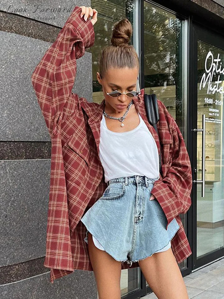Casual Plaid Shirt Woman Loose Autumn Winter Lapel Buttons Womens Coat Full Sleeve Cozy Vintage Khaki Tops Female Streetwear 250314