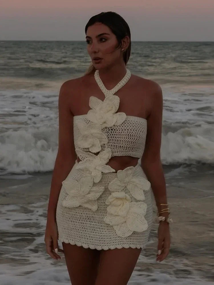 Beach 3D Flower Crochet Hook Short Dress Women Sexy Hollow Out Halter Off Shoulder Backless White Dresses Lady Summer Slim Robes 250314