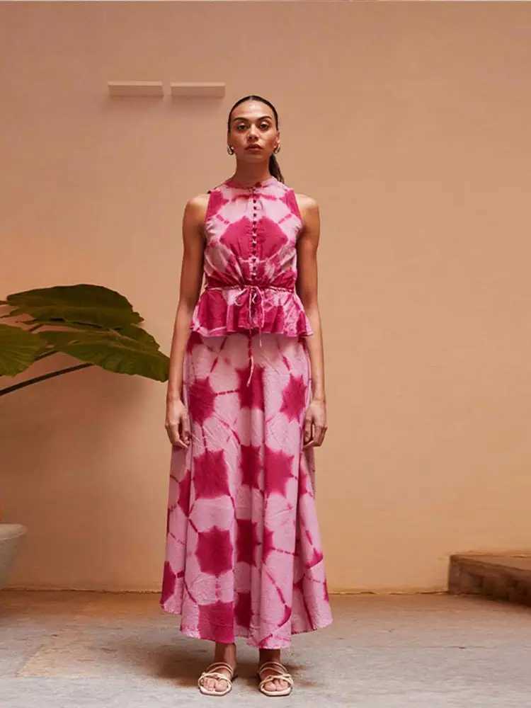 Two Piece Dress Fashion Print O-neck Single-breasted Vest Long Skirt Set Women chic Slvel Lace Up Top Suit New Lady Summer Strt Outfits Y250315ZCLE