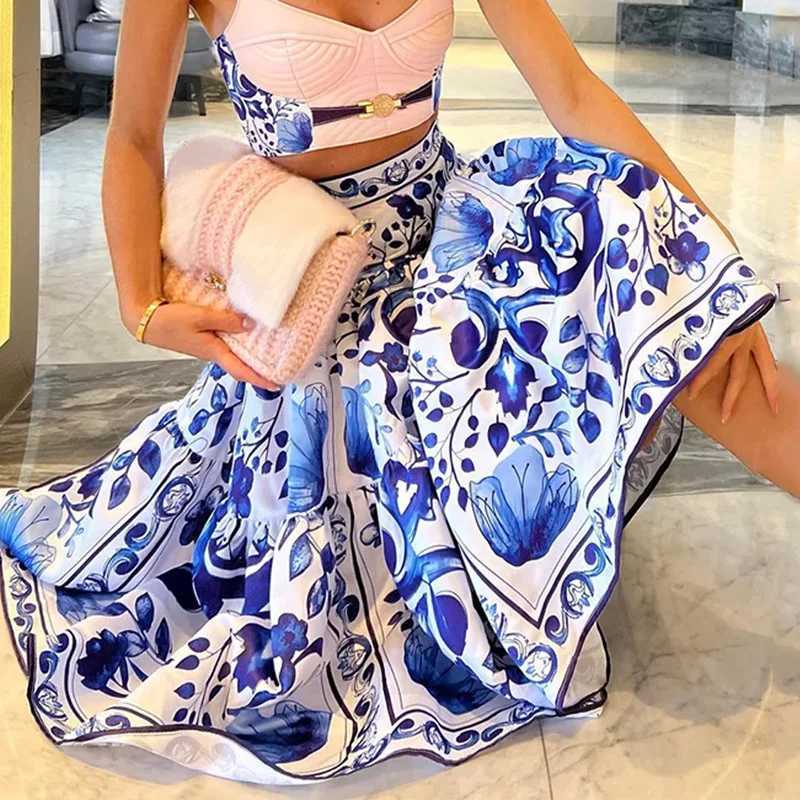 Two Piece Dress New Matching Set Womens Fashion Printed Short Top Maxi Skirts 2PCS Set Summer Slvel Casual Clothing Womens Set Direct Shipping Y250315