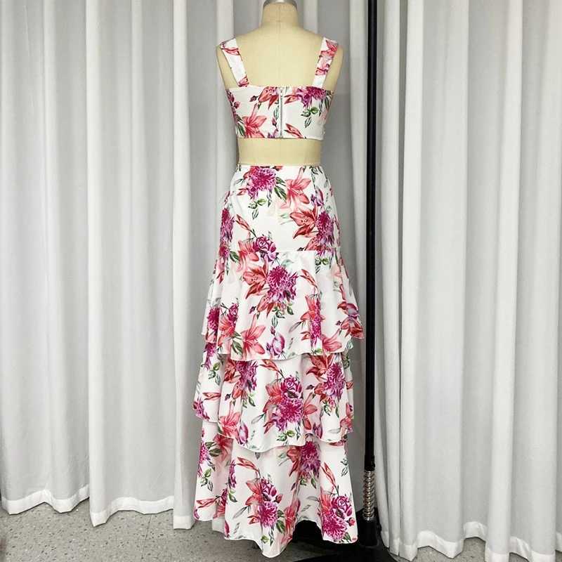 Two Piece Dress Wefads 2-piece womens summer elegant floral print Slvel high waisted vest loose cascading long sleeved dress Y250315TPX1