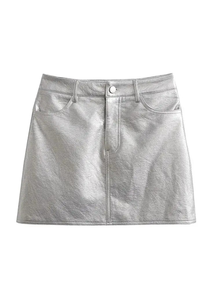 TRZA Women Fashion Front Pockets Faux Leather Silver Mini Skirt Vintage High Waist Zipper Fly Female 250312