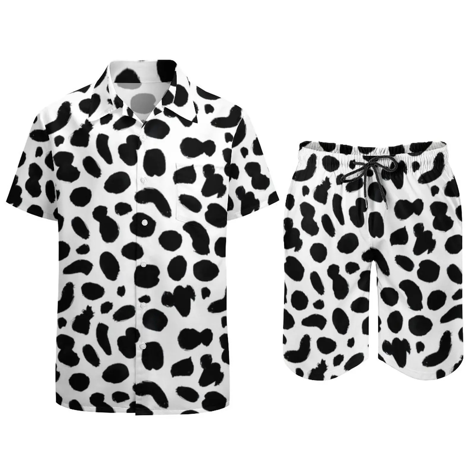 Dalmatian Print Men Sets Black and White Spots Casual Shirt Set Hawaii Outdoor Shorts Summer Suit Two-piece Plus Size 250314