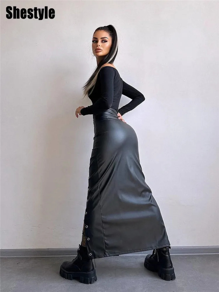 Shestyle Lace Up Bandage Hollow Out Long Skirt Women Slit PU Leather Sexy Pencil High Waist 2025 Spring Fashion Black Bottom 250312
