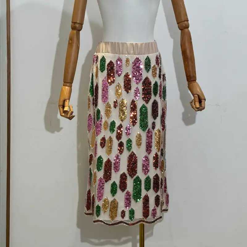 Two Piece Dress Fashion Summer Beach Holiday Handmade Beaded Sequins Vest Camisole Top Female Elastic Waist Skirt Womens Two Piece Sets Y250315ID5Y