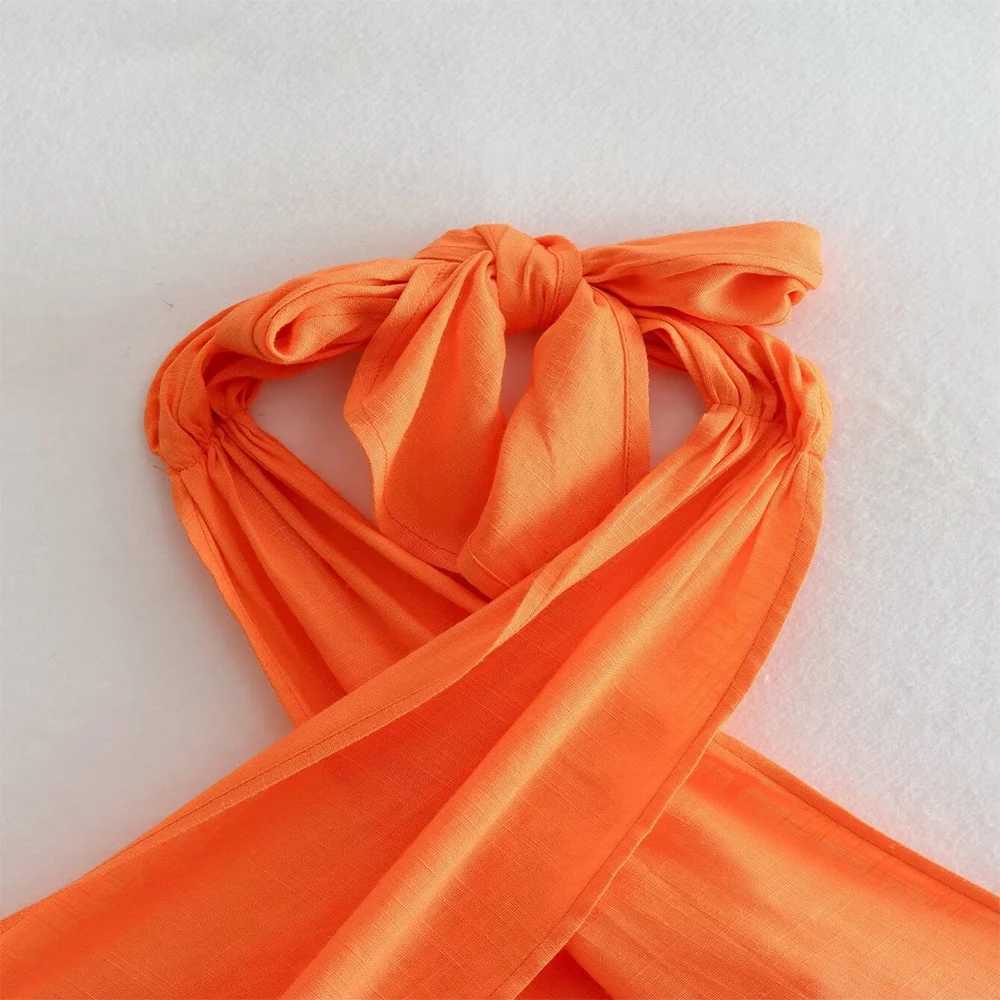 Two Piece Dress INS Fashion Vibrant Orange Front Cross Design Back Pleated Short Womens Sexy Cotton Linen Blended Tank Top ZATAF 2025 New Style Y25031