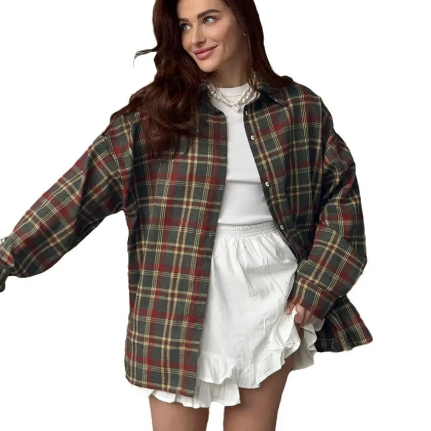 Summer Plaid Vintage Style Versatile Casual Long Sleeve Cardigan Womens Shirt European And American Export Cotton Gauge Shi 250314