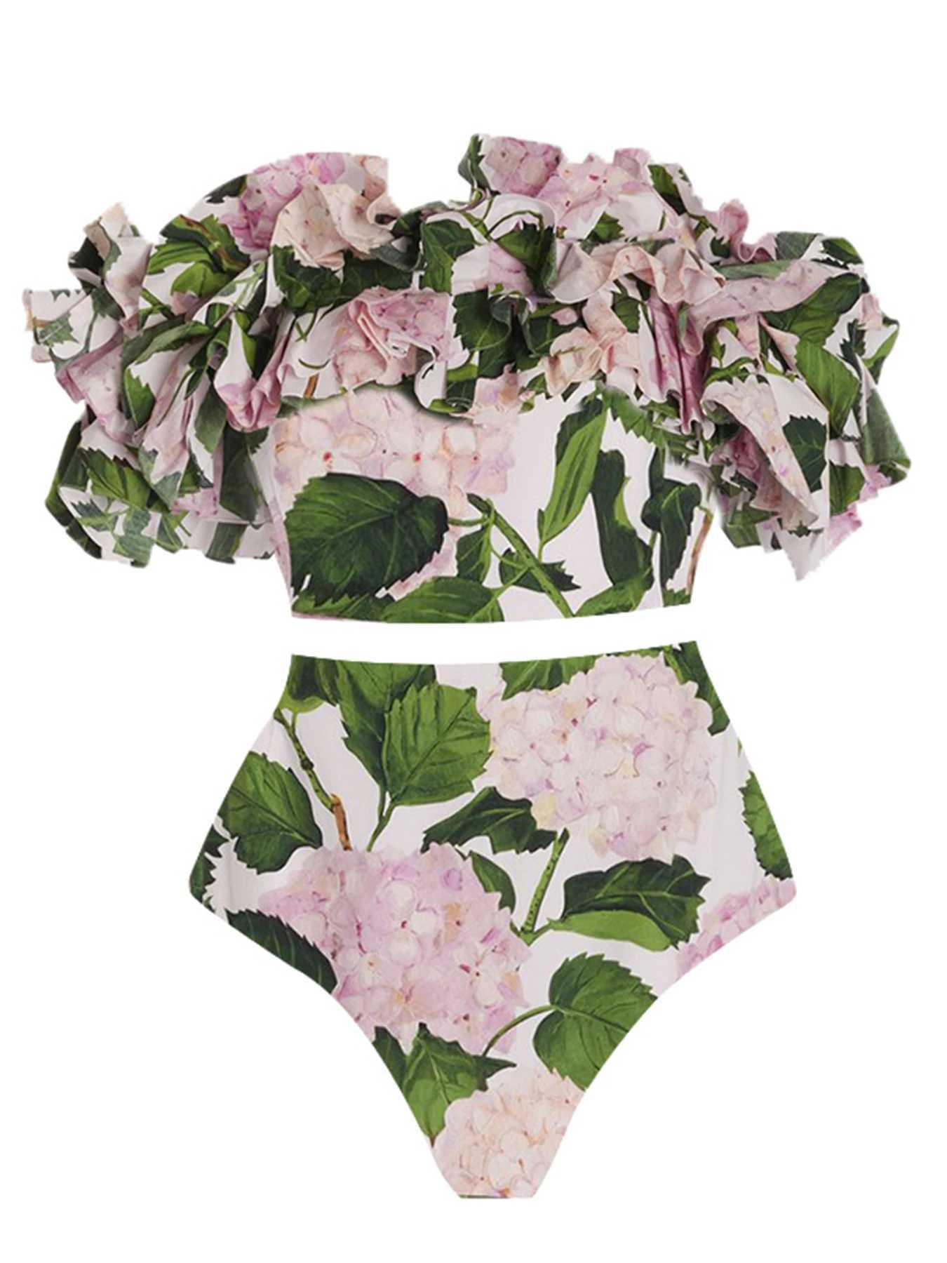 Two Piece Dress Ruffle high waisted bikini set womens swimsuit 2025 new printed swimsuit and beach Dr womens shoulder swimsuit Y250315BC51