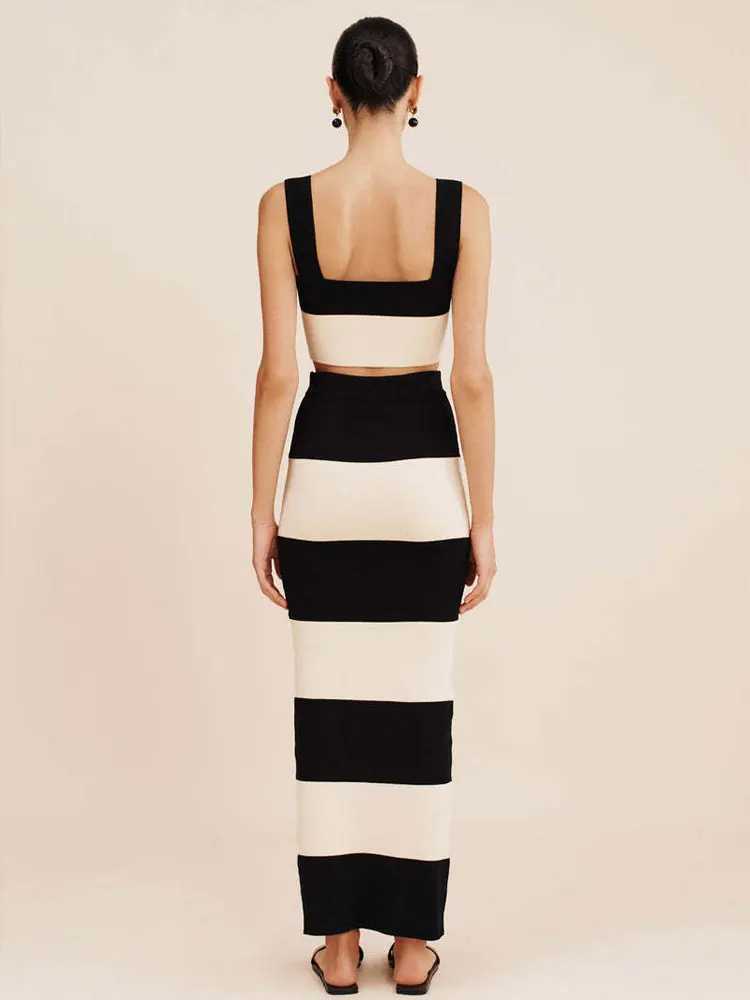 Two Piece Dress Black/White Knit Striped Set 2025 Fashion Holiday Casual Set Skirt Vest Camisole Sweater Long Striped Maxi Skirt 2 Set A3138 Y250315HE