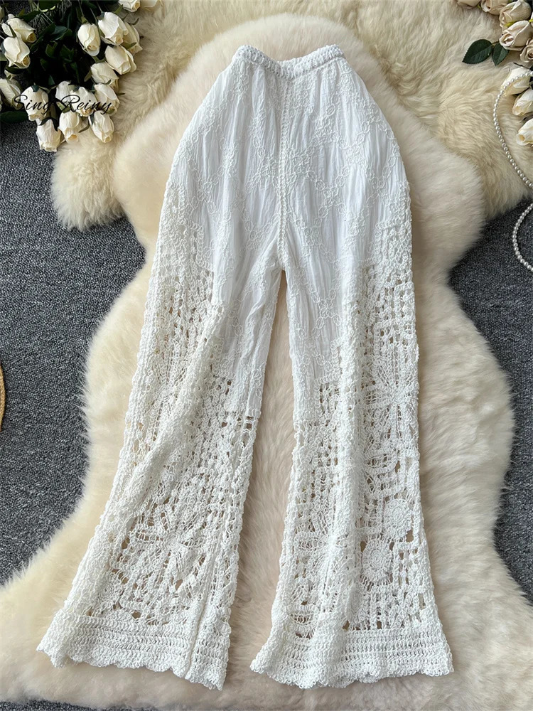 Korean womens knitted mens summer embroidered patchwork hollow outer elastic waist loose beach long leg pants 250314