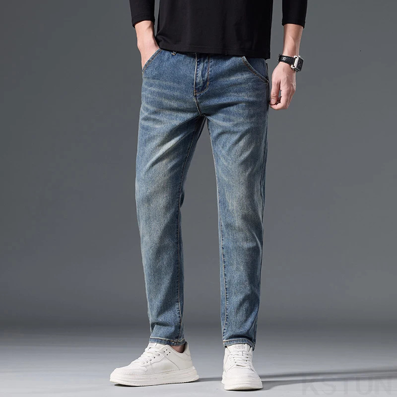 KSTUN Stretch Jeans Men Slim Fit Anklelength Pants Retro Blue Denim Fashion Pockets Designer Mens Clothing Streetwear 250312