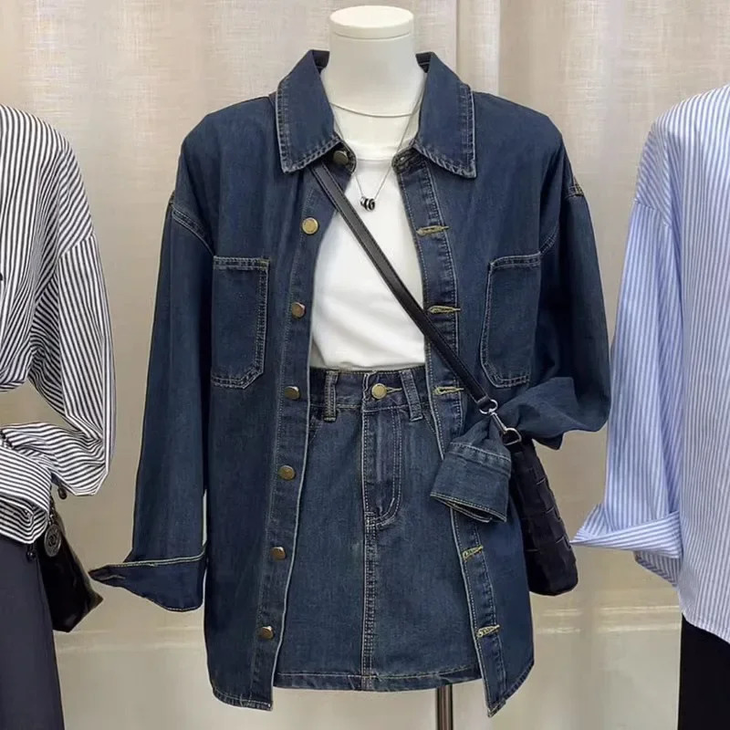 2024 Early Autumn Style Korean Vintage Casual SingleBreasted Denim Shirt Jacket HighWaisted Skirt 2Piece Set For Women 250312