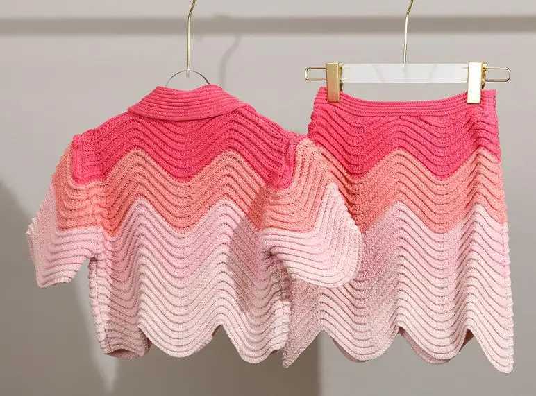 Two Piece Dress New Short POLO Collar Knit Sweater Short Slve T-Shirt Striped skirt Pullover Suit Women Y2503156IBI