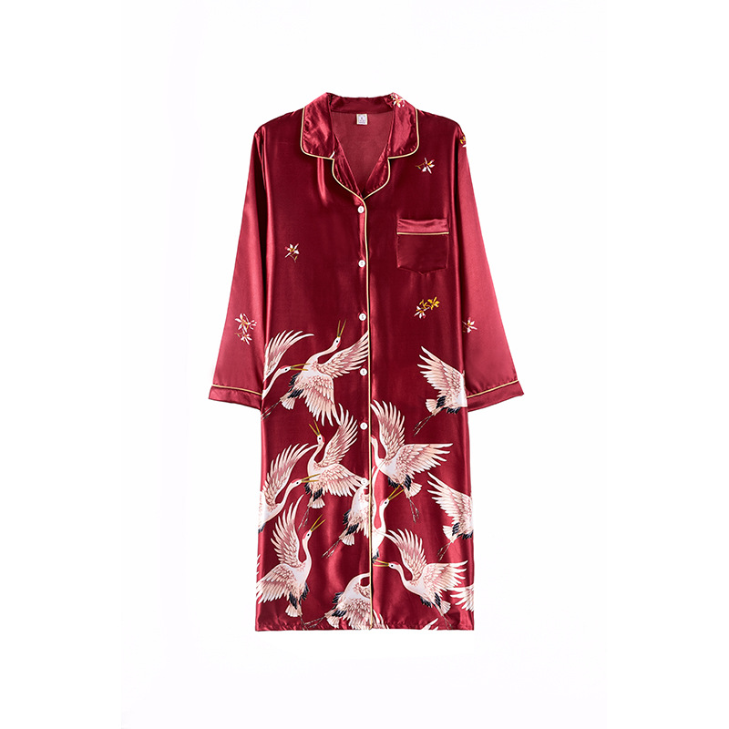 B171-Spring and autumn new ice silk pajamas women's long-sleeved crane plus-length nightdress imitation silk sexy ice silk large size home clothe
