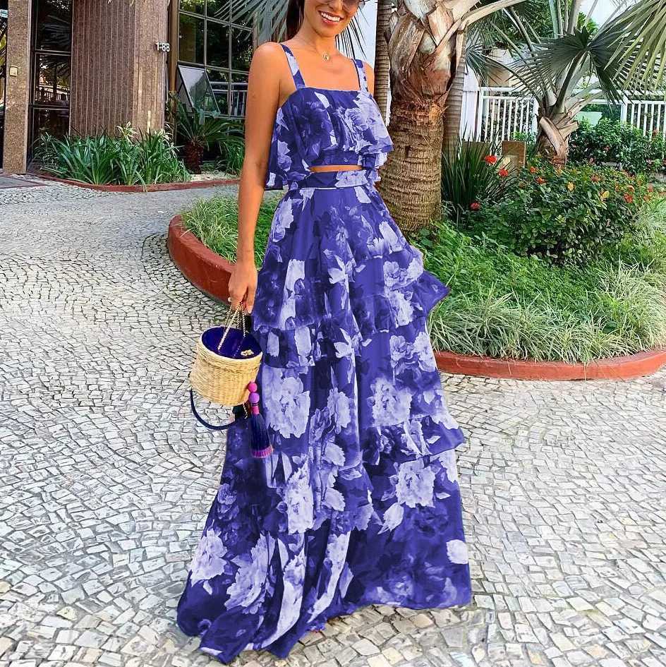 Two Piece Dress Bamboo Boy 2-piece womens fashionable floral elegant print Slvel short top+loose high waisted pleated long skirt set Y250315KMT8