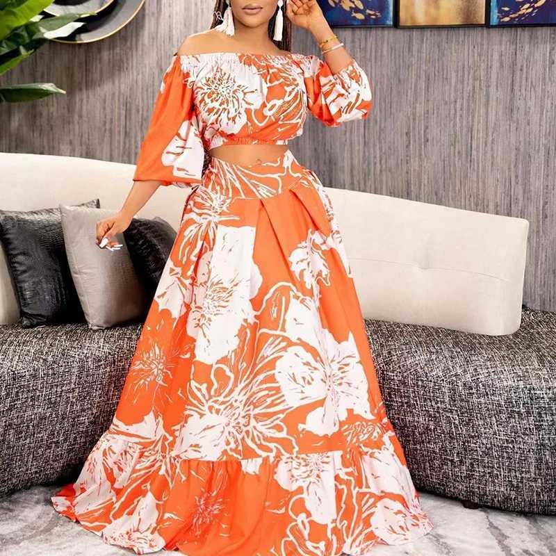 Two Piece Dress Summer 2 Piece Set Elegant Suit Women Clothing Fashion Print Skirt Sets Sexy V-neck Crop Top+High Waist Long Skirt Female Suit Y250315