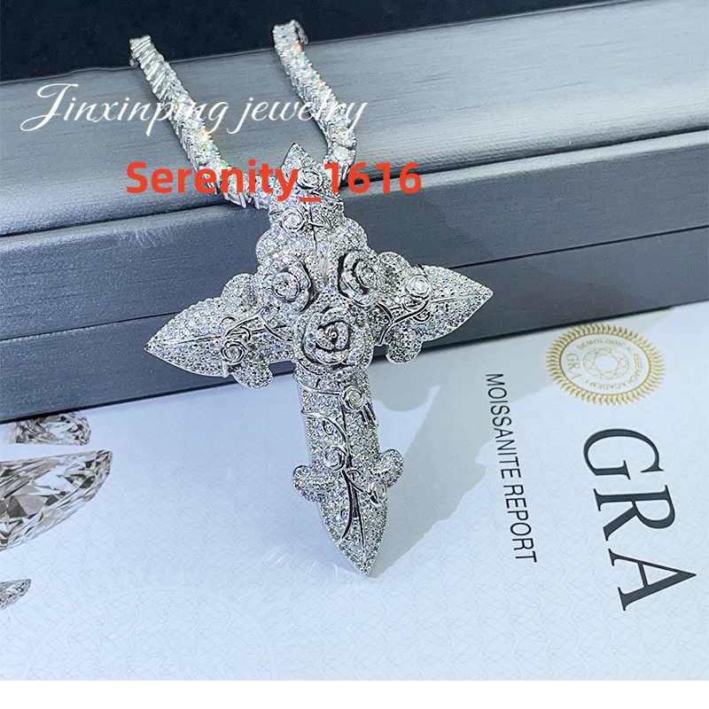 2025 Factory Custom Hot Sale Hip Hop Rose Cross Pendant 925 Silver VVS Moissanite studded Necklace Accessories