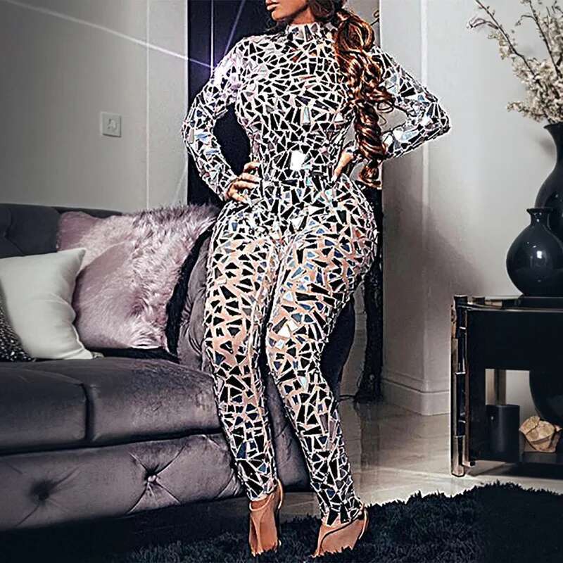 Glitter Sier Laser Mirror Long Sleeve Jumpsuit Women Bar Stage Performance Holiday Party Turtleneck Sequin Costume