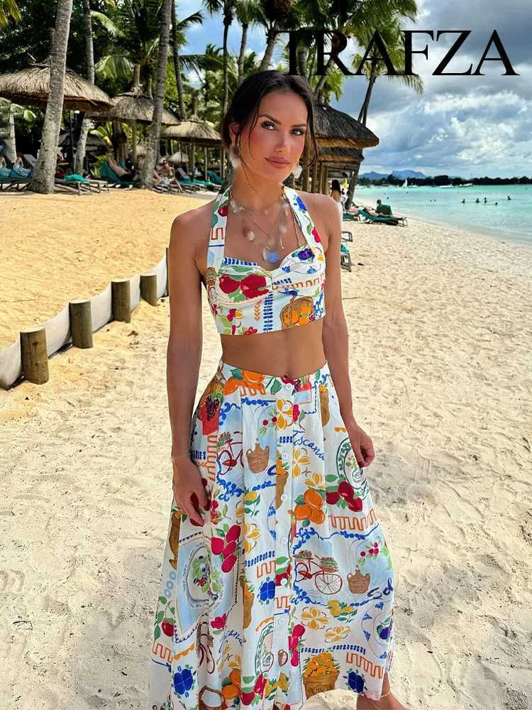 Two Piece Dress TRAFZA Womens 2-piece Sexy Slvel Back Printed Button Mini Pendant Top+Elegant High Waist Button Beach Midi Skiing Y250315ZSK5
