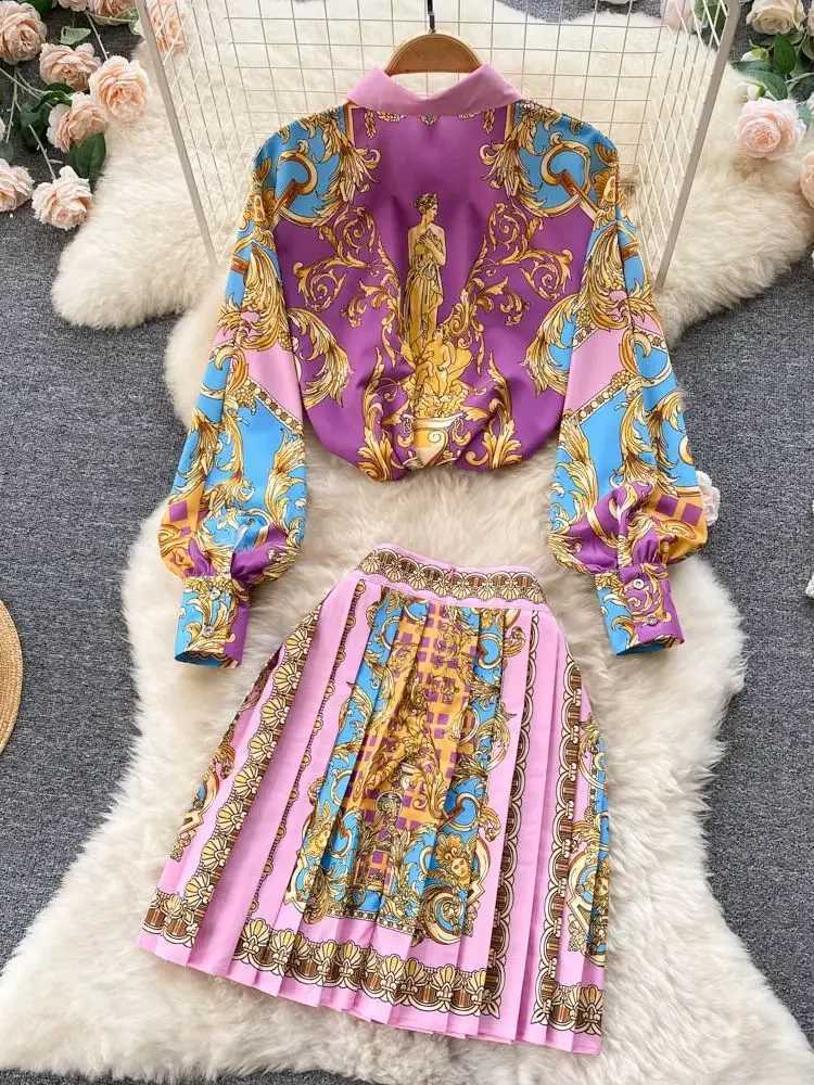 Two Piece Dress Summer Elegant Skirts Suit Womens Puff Sleve Beaded Collar White Shirt Top+Flower Printed Mesh Ball Dress Belt Skirts 2-piece Set Y250