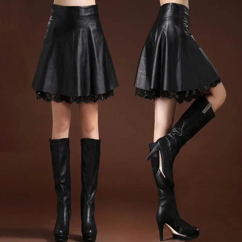 On Sale Spring Summer Women High Waist Black PU Leather Lace Skirts Casual Solid Korean Elastic Pleated Y2K Sexy Club Skirt 250312