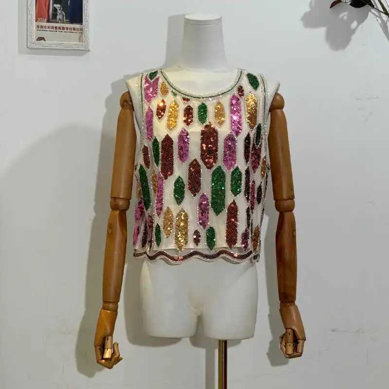 Two Piece Dress Fashion Summer Beach Holiday Handmade Beaded Sequins Vest Camisole Top Female Elastic Waist Skirt Womens Two Piece Sets Y250315ID5Y