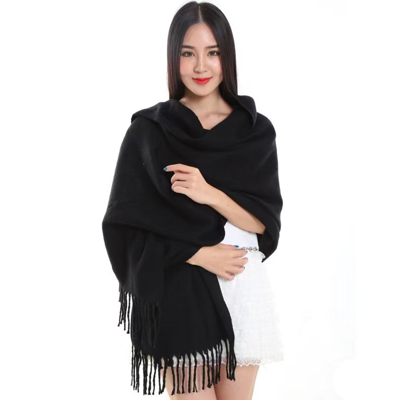 K141 Imitation cashmere scarf women winter warm thick solid color unisex wine red dark red solid color tassel scarf wholesale