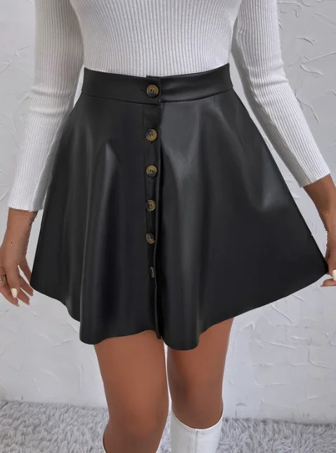 Single Breasted Faux Leather Skirt Vintage Swing Aline For Spring Fall Womens Clothing 250312