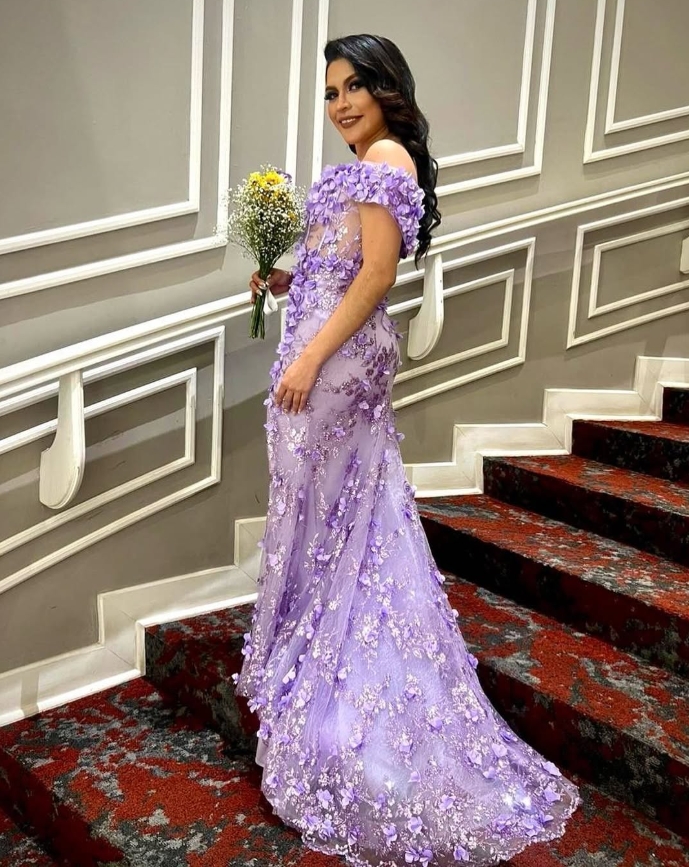 Lavender 3D Floral Lace Mermaid Evening Dresses Off Shoulder Long Elegant Prom Dress Side Slit Charming Special Occasion Gown