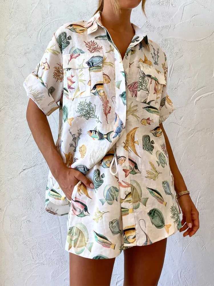 Women's Two Piece Pants Fashion Fish Print Short Set Flip Collar Botton Loose Top+Drawstring Shorts 2-piece Set Summer Beach Womens Wear Y250315X