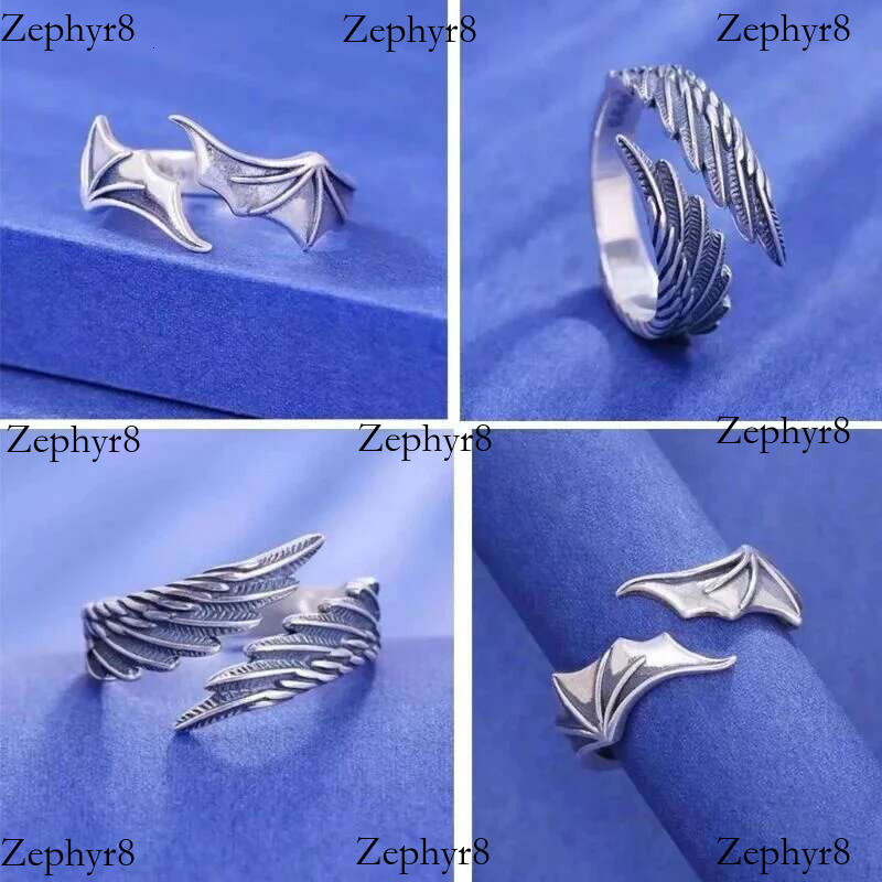 2025 model 2pcs/pack Vintage Angel Wing Demon Eye Hip Hop Adjustable Couples Rings for Men Women Retro Sier Color Jewelry New