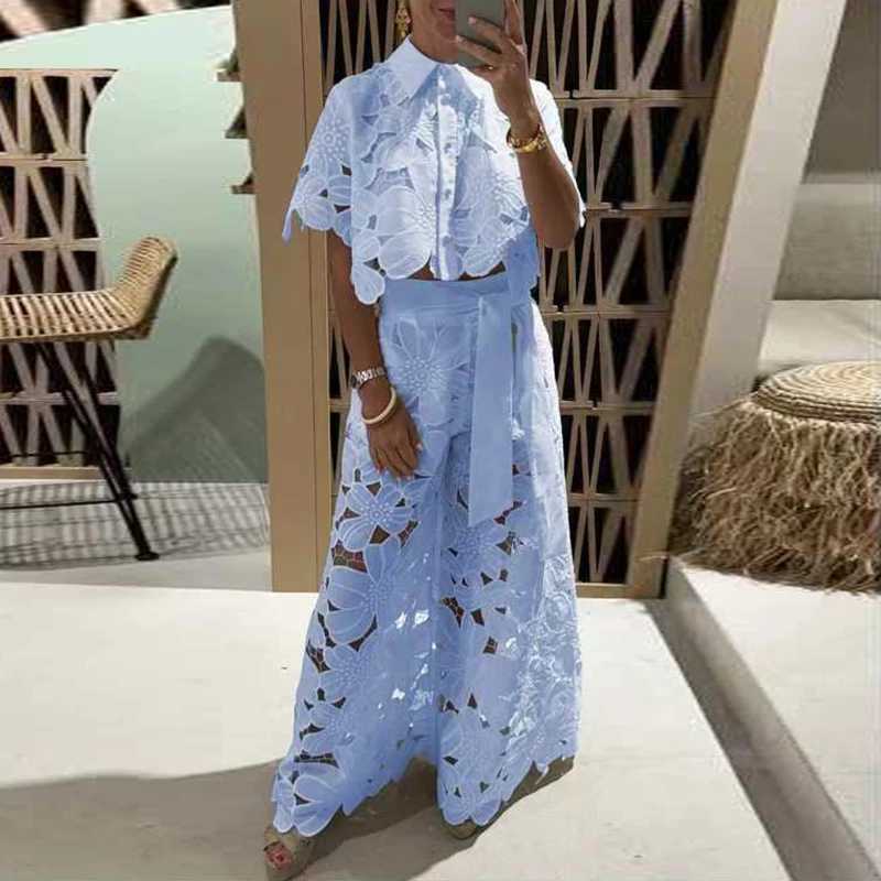 Women's Two Piece Pants Spring Embroidery Hook Flower Hollow Crochet Set Women 2 Pieces Polo-Neck Button Tops+Wide Leg Pants Outfits Sexy Lace Fa
