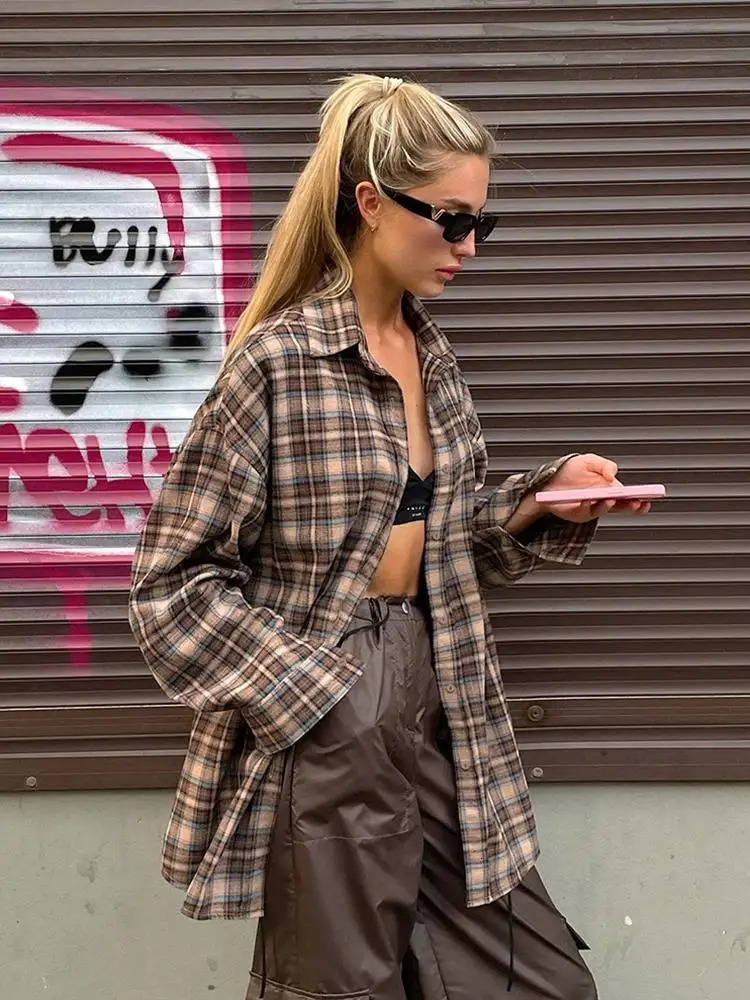 Womens Long Sleeve Blouse Loose Single Breasted Casual Shirt Spring Autumn Vintage Plaid Checkered 250312