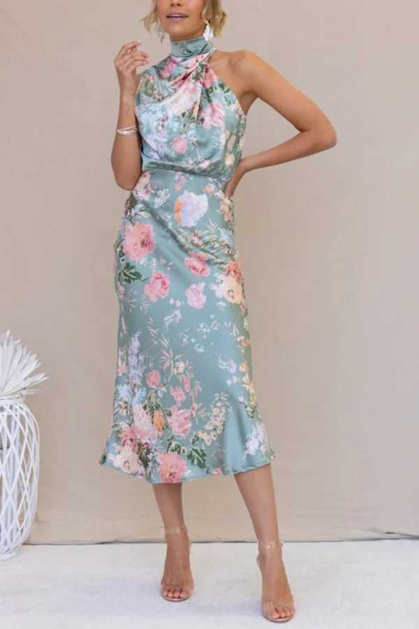 Two Piece Dress Satin print womens long dress Slvel Halter collar A-line party Dr fashion elegant night party club Vestidos Y250315CYML