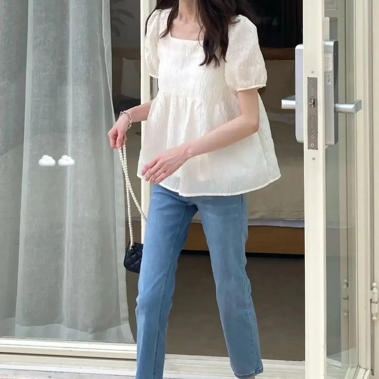 Womens XIYO Square Collarpuff Sleeve Short Top French Shape Doll Shirt Summer Meat Cover 250312