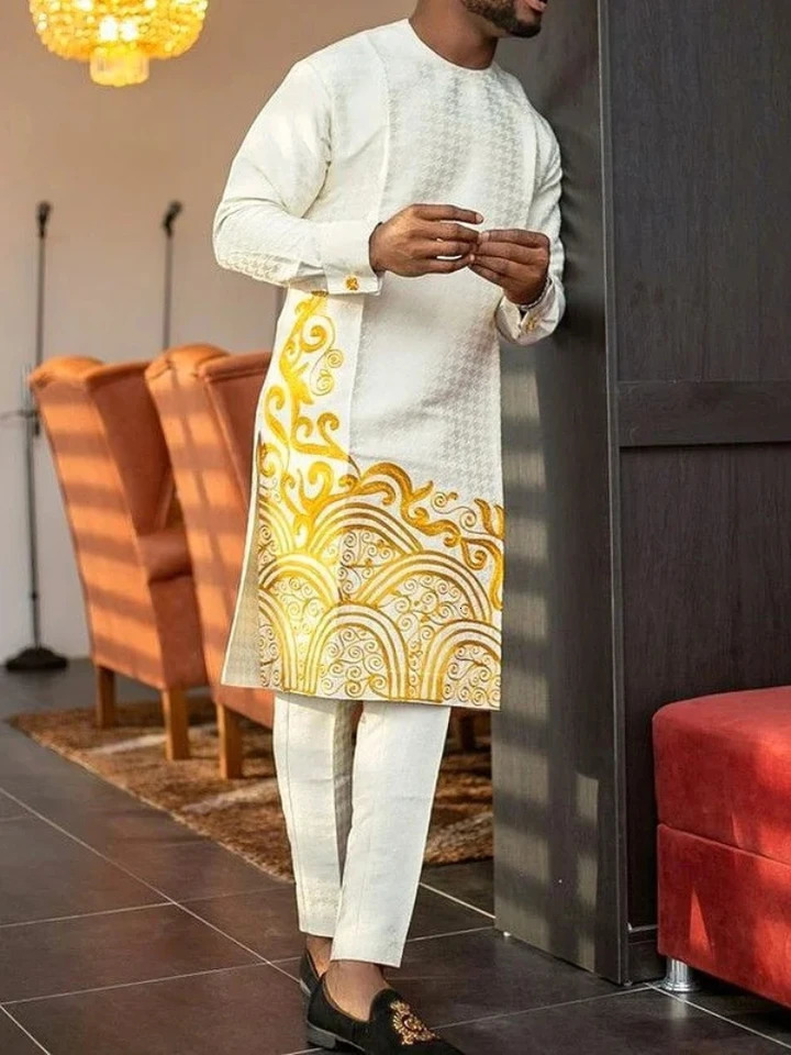 Mens fashion casual geometric print long sleeved two-piece set 250314