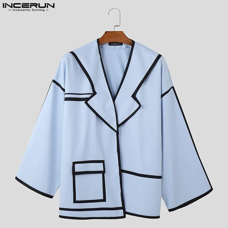 INCERUN Tops American Fashion Mens Patch Work Line Personalized Set Coat Casual Street Clothing Loose Long Sleeve Jacket 250314