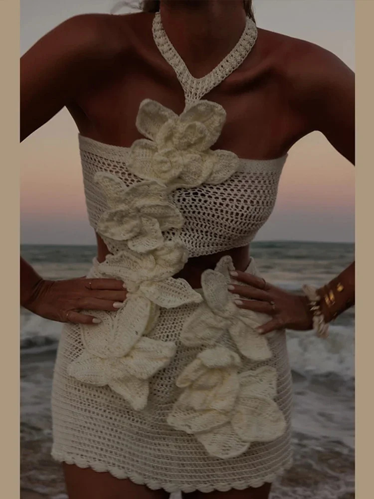 Sexy Knit 3d Flower Beach Mini Dress Slim Halter Hollow Out Sleeveless Backless Dresses 2025 Summer Lady Holiday Party Vestidos 250314